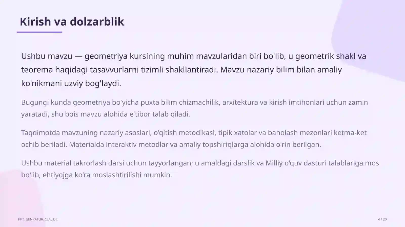 Geometriyaning boshlang'ich tushunchalari: nuqta, to'g'ri chiziq, kesma (7-sinf) 4