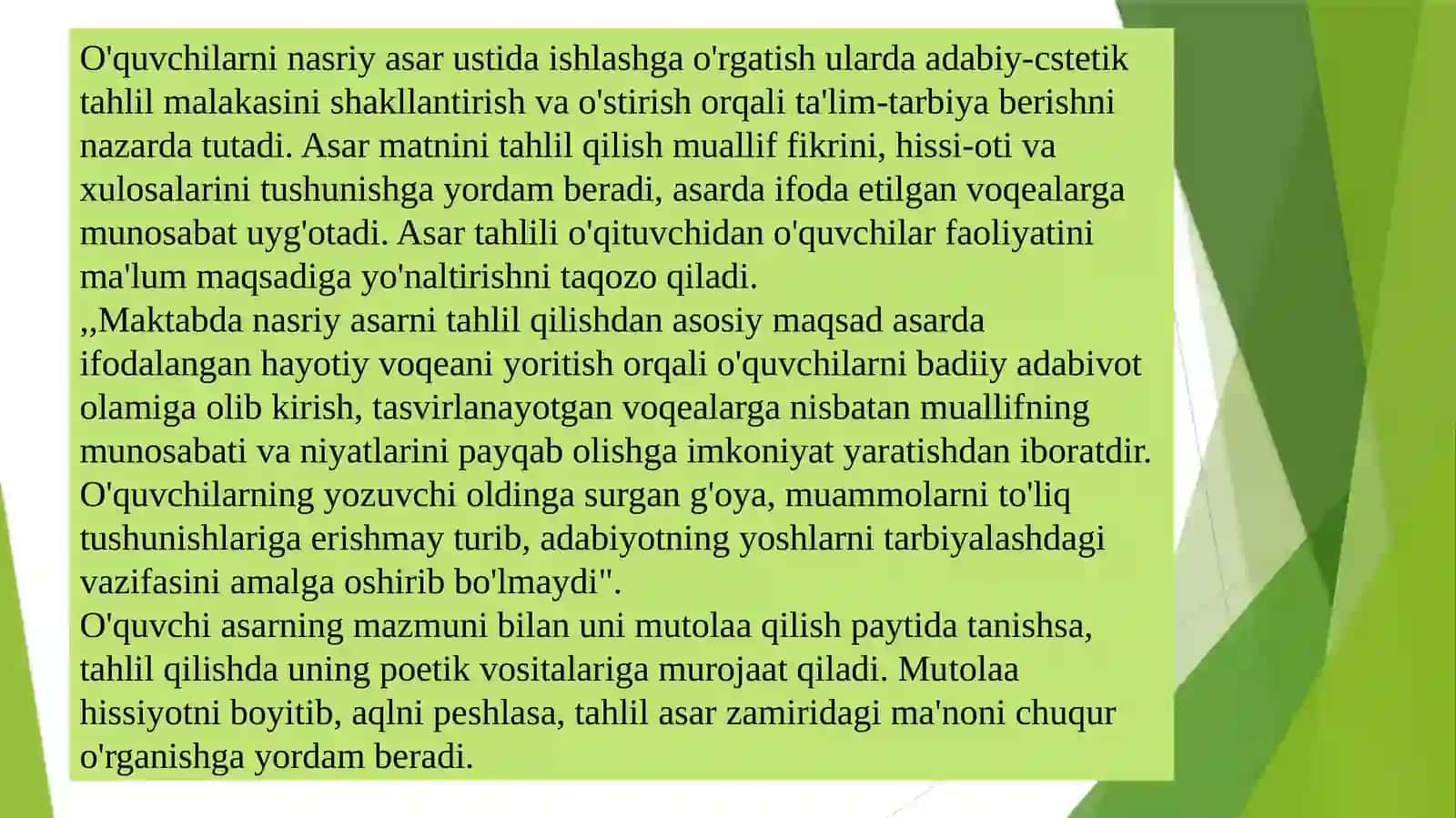 BOSHLANG`ICH SINF O`QISH DARSLARIDA NASRIY ASAR USTIDA ISHLASH VA UNING ASOSIY BOSQICH 4