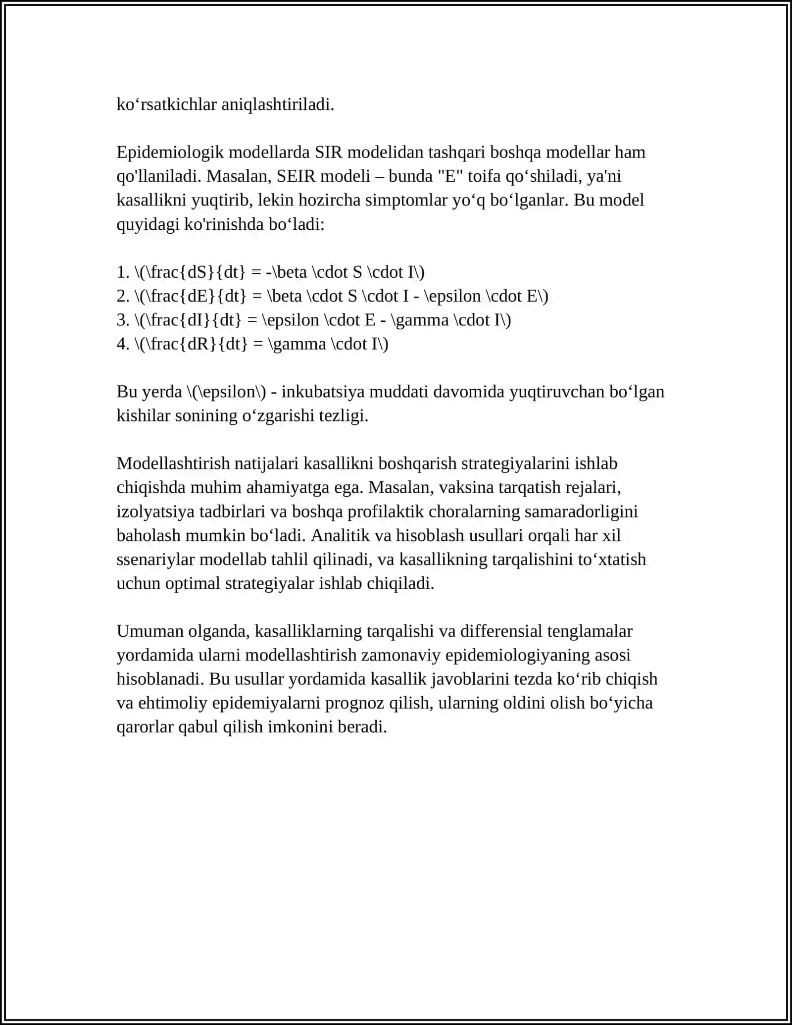 TIBBIYOT BIOLOGIK MAZMUNDAGHI DIFFERENSIAL TENGLAMALARNI TUZISH VA YECHISH. TIBBIYOT, BIOLOGIYA VA FARMATSIYANING AMALIY MASALALARINI OCHIB BERISH 4