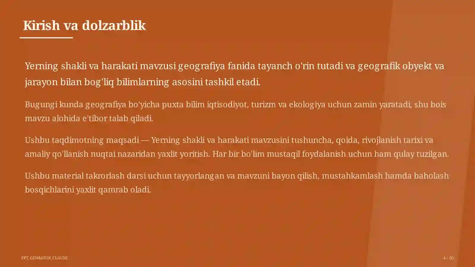 Yerning shakli va harakati (5-sinf) Geografiya (5– 11) — takrorlash darsi uchun 4