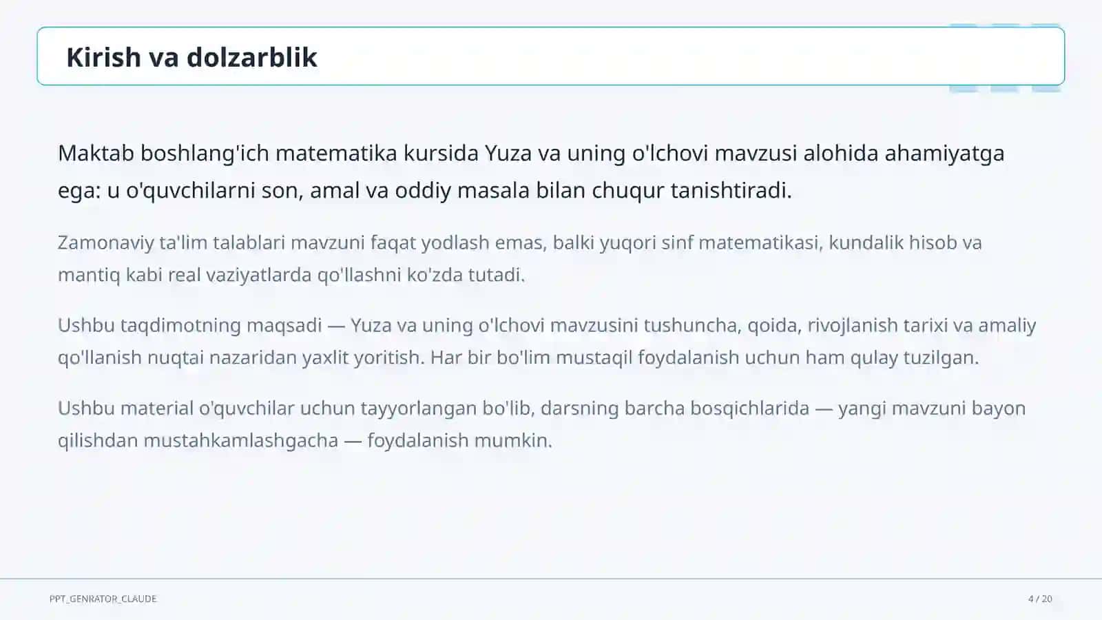 Yuza va uning o'lchovi (3-sinf) 4