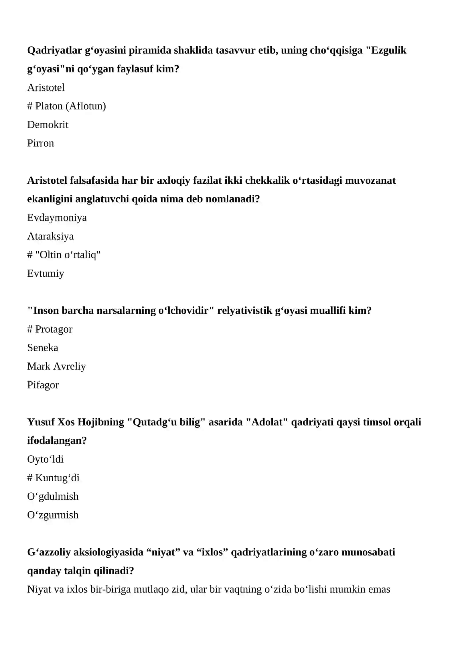AKSIOLOGIYADAN TESTLAR (JAVOBLARI BILAN) 4
