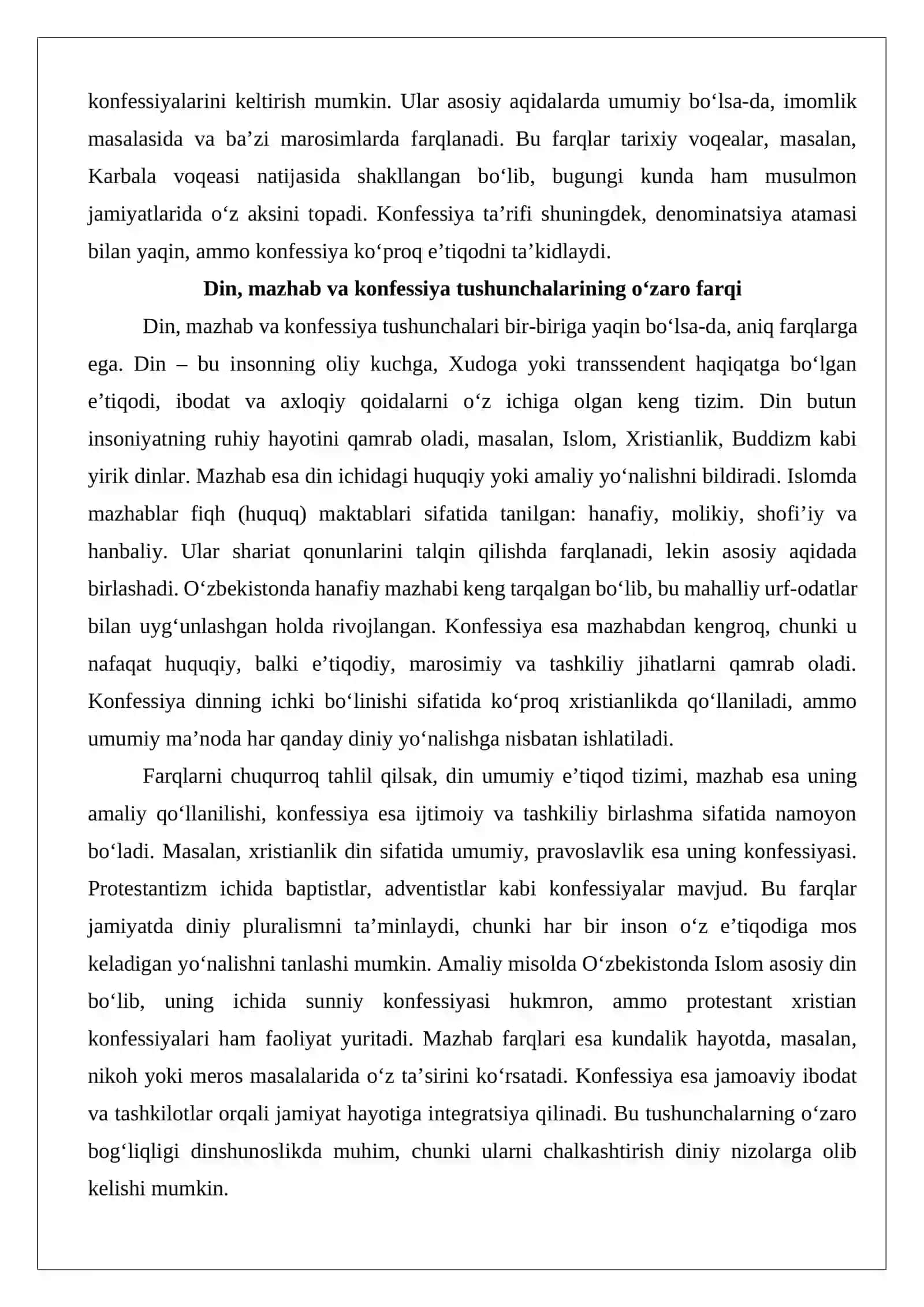 Konfessiya tushunchasining mohiyati va O‘zbekistonda faoliyat yurituvchi diniy konfessiyalarning tasnifi 4