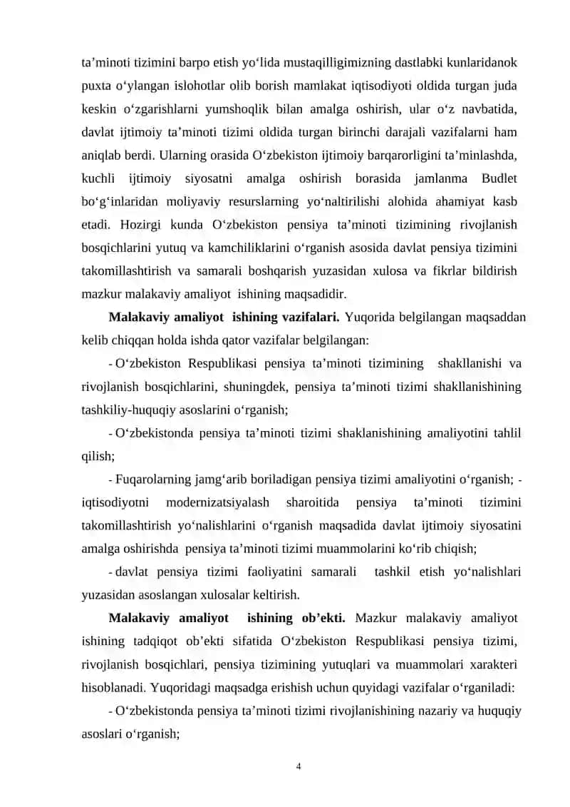 O’ZBEKISTON RESPUBLIKASI PENSIYA TA’MINOTI TIZIMI RIVOJLANISH BOSQICHLARI, YUTUQ VA KAMCHILIKLARI, TAKOMILLASHTIRISH YO’LLARI 4