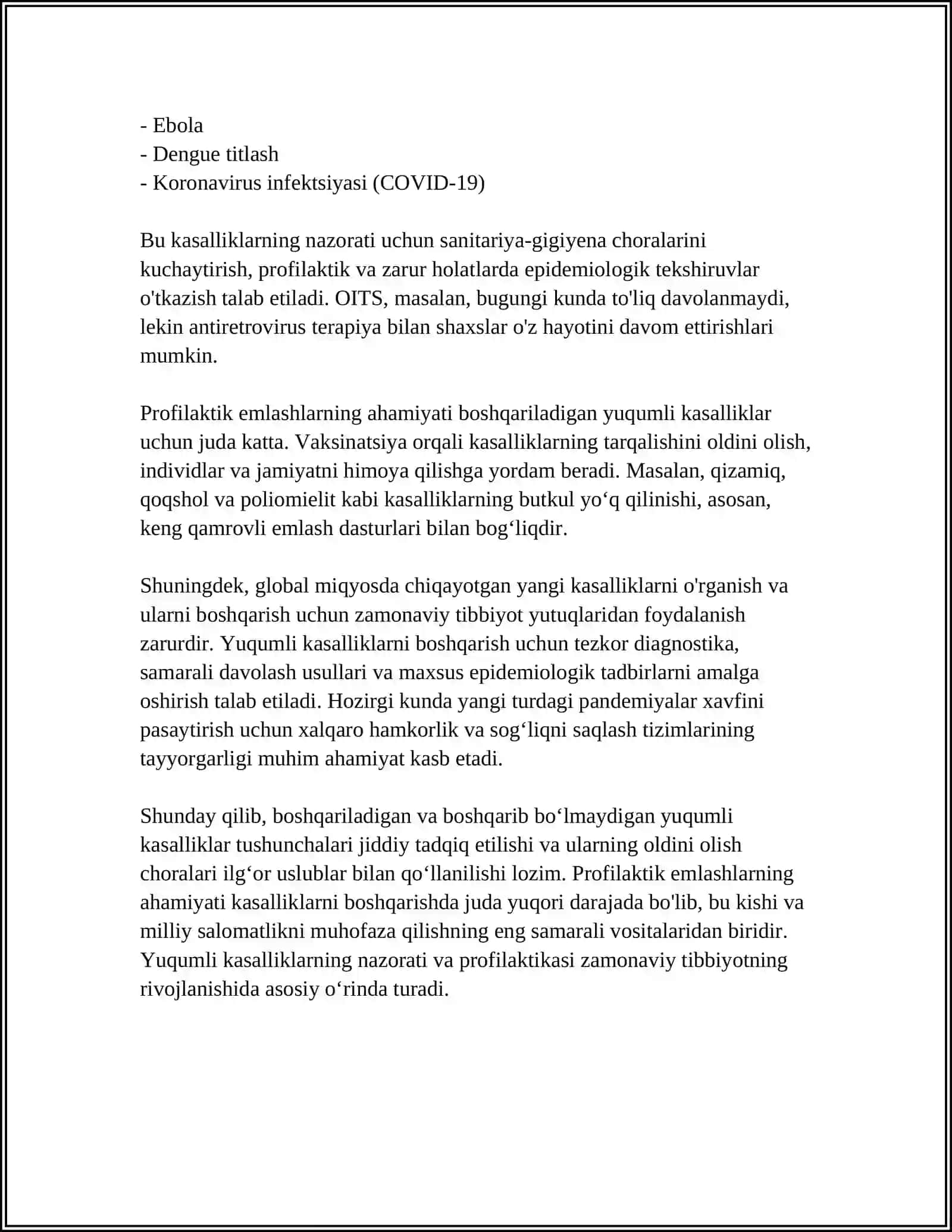 BOSHQARIB BOʻLADIGAN VA BOSHQARIB BOʻLMAYDIGAN YUQUMLI KASALLIKLAR HAQIDA TUSHUNCHA. PROFILAKTIK EMLASHNING AHAMIYATI 4