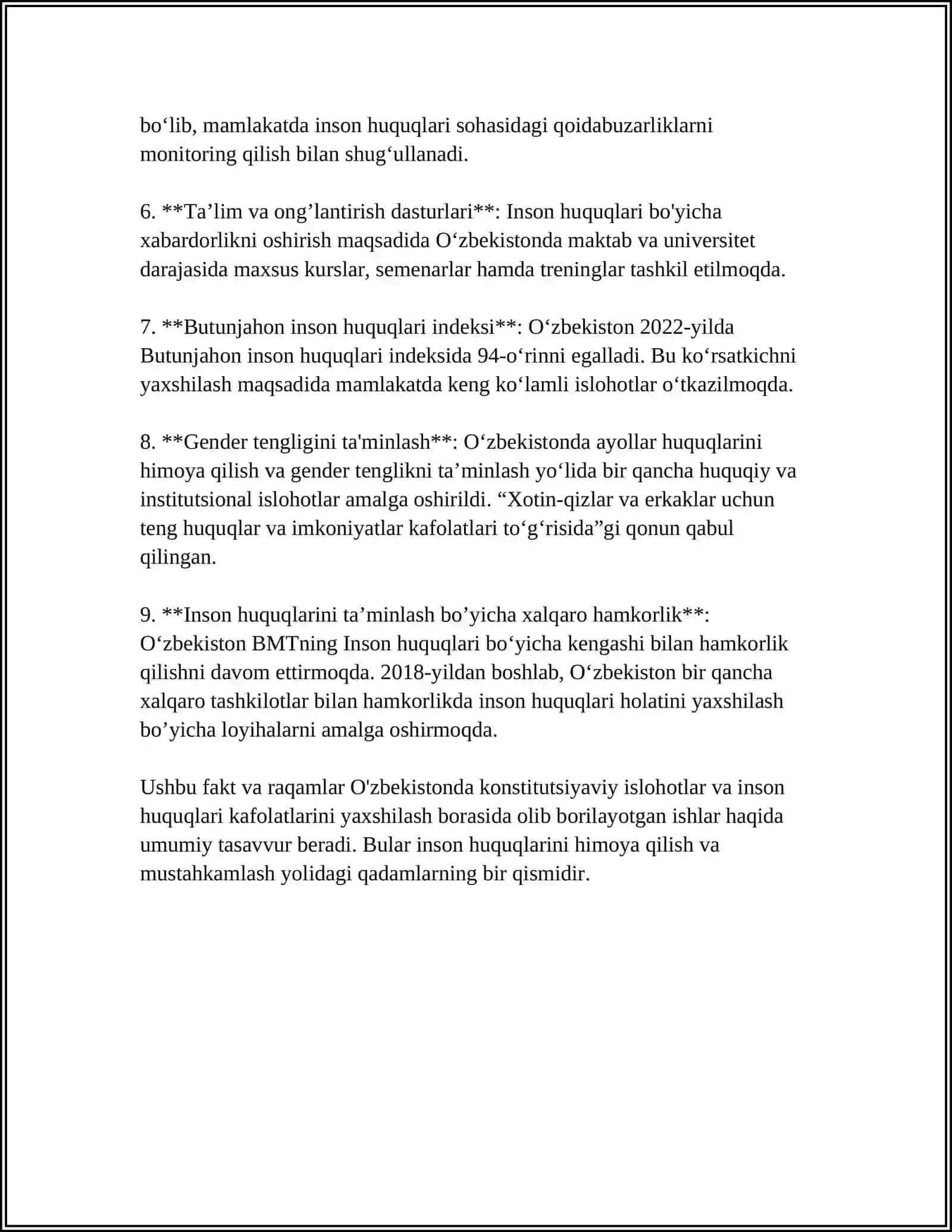 YANGI OʻZBEKISTONDA INSON HUQUQLARI VA ERKINLIKLARI KAFOLATLARINING YARATILISHI 4