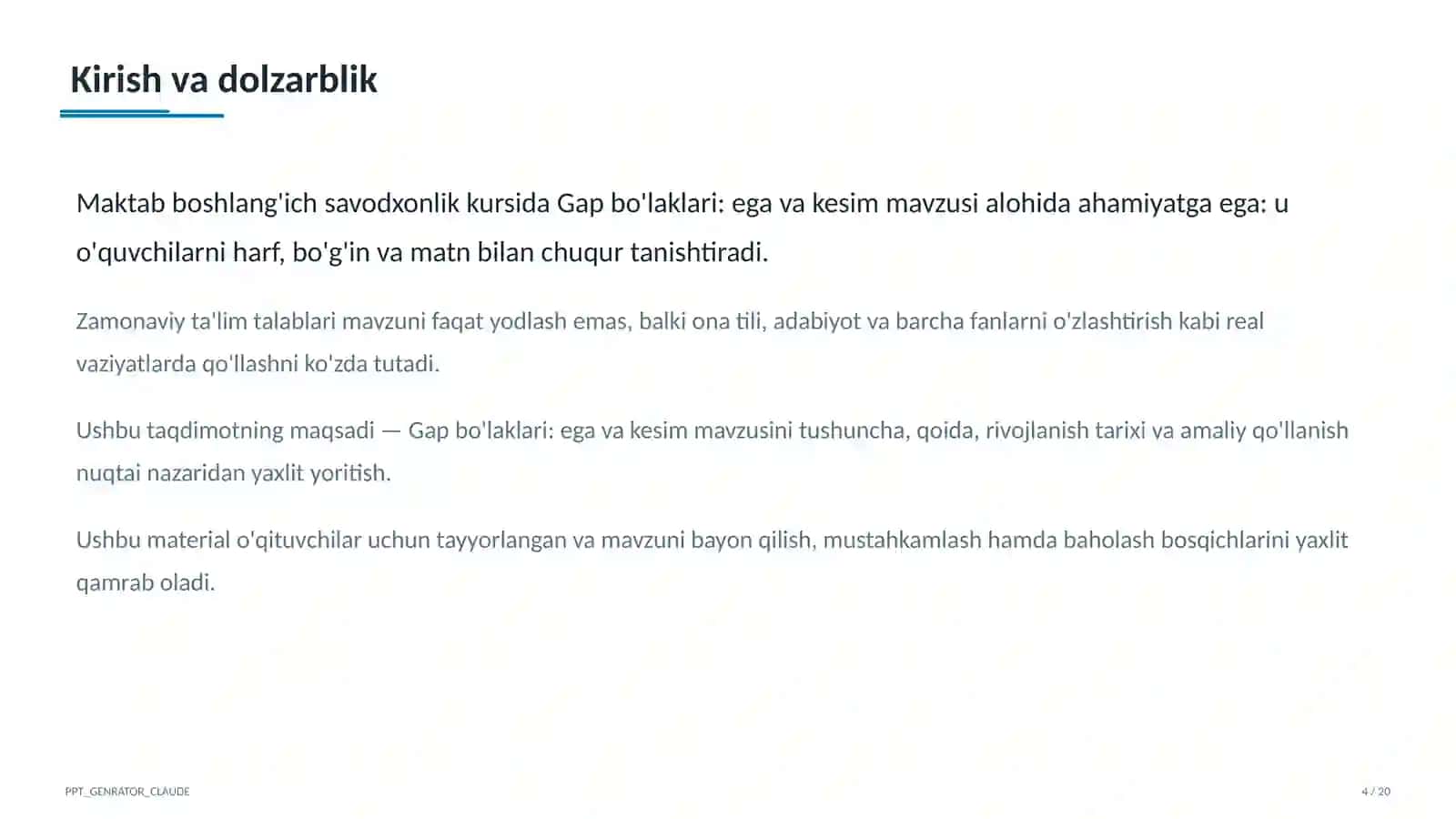 Boshlang'ich sinf: Ona tili va o'qish (1–4) — o'qituvchilar uchun 4