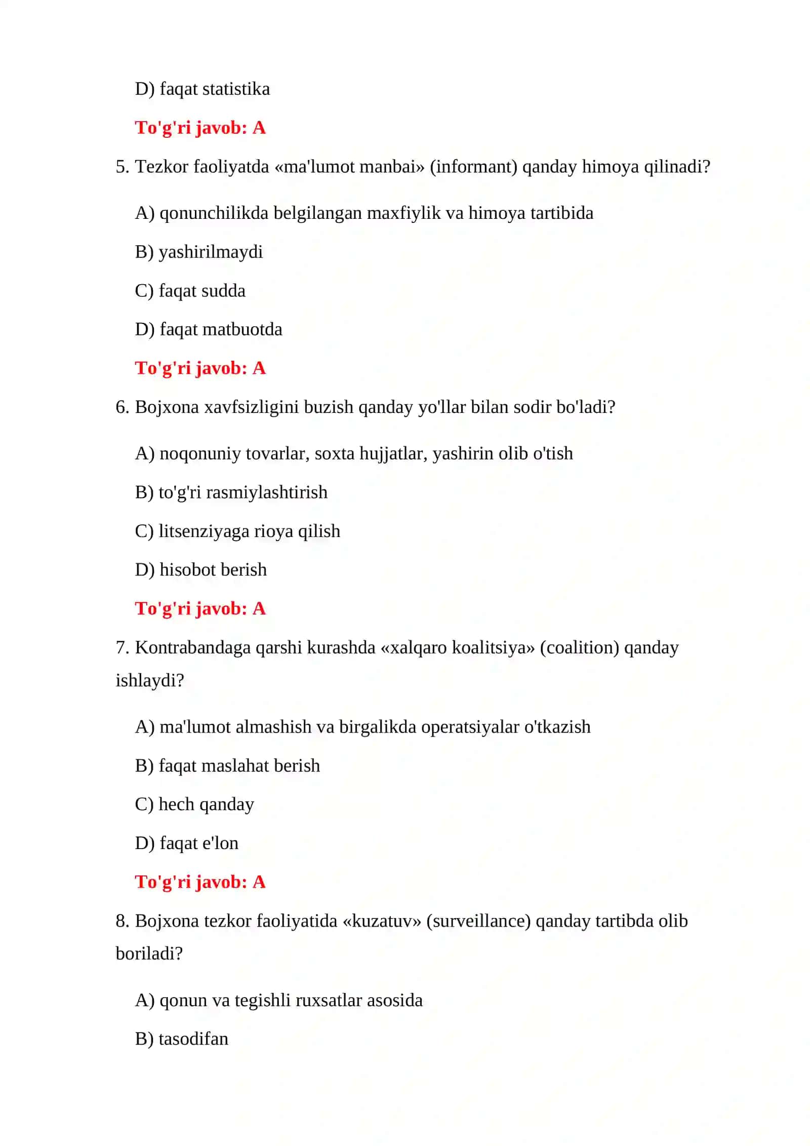 BOJXONA HUQUQBUZARLIKLARI NAZORAT TESTLARI 4