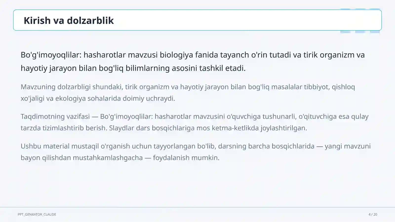Biologiya (5–11) — mustaqil o'rganish uchun 4
