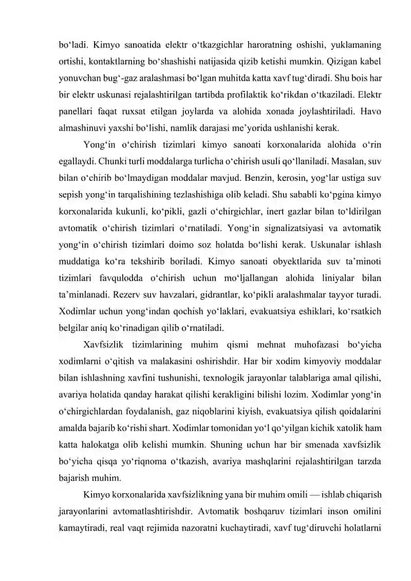 Kimyo korxonalarida yong‘in, portlash va elektr xavfsizligi chora-tadbirlarini ishlab chiqish 4