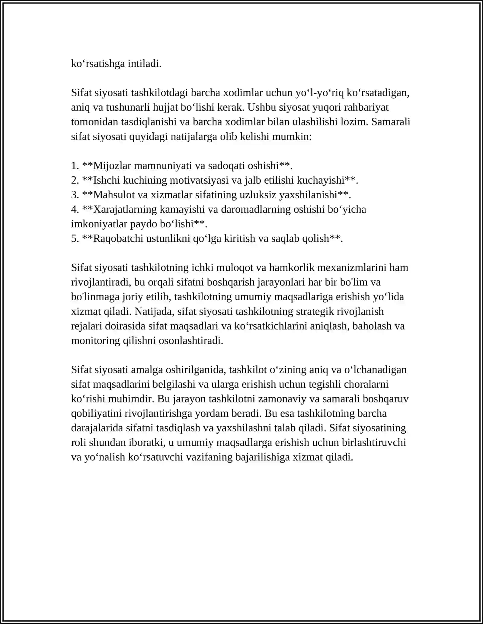 TASHKILOTDA SIFAT SIYOSATI VA SIFAT MAQSADLARINI ISHLAB CHIQISH 4