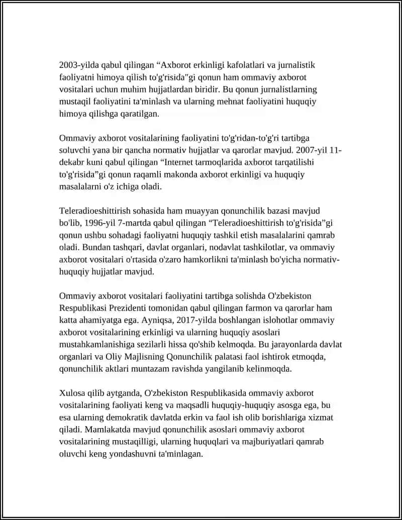 O'ZBEKISTON RESPUBLIKASIDA OMMAVIY AXBOROT VOSITALARINING FAOLIYATI 4