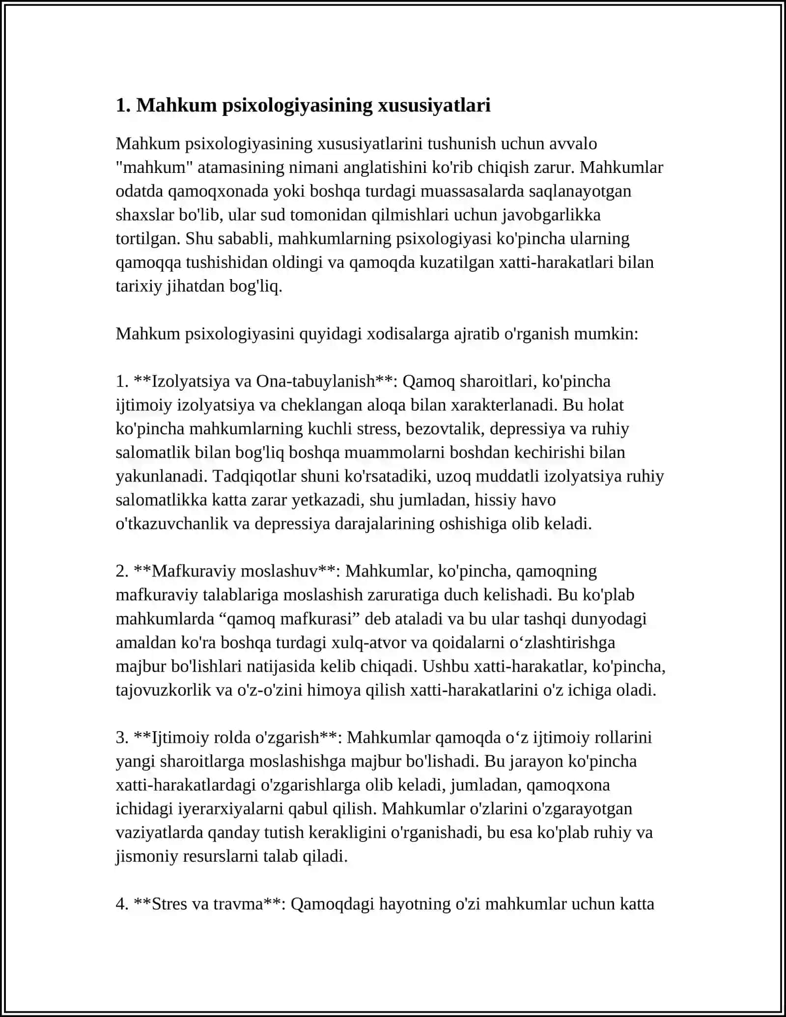 MAHKUM PSIXOLOGIYASI VA RESOTSIALLASHTIRISH VAZIFALARI. MAHKUMNI VA JAZONI O‘TAGAN SHAXSLARNI QAYTA TARBIYALASHNING PSIXOLOGIK VOSITALARI VA SHARTLARI 4