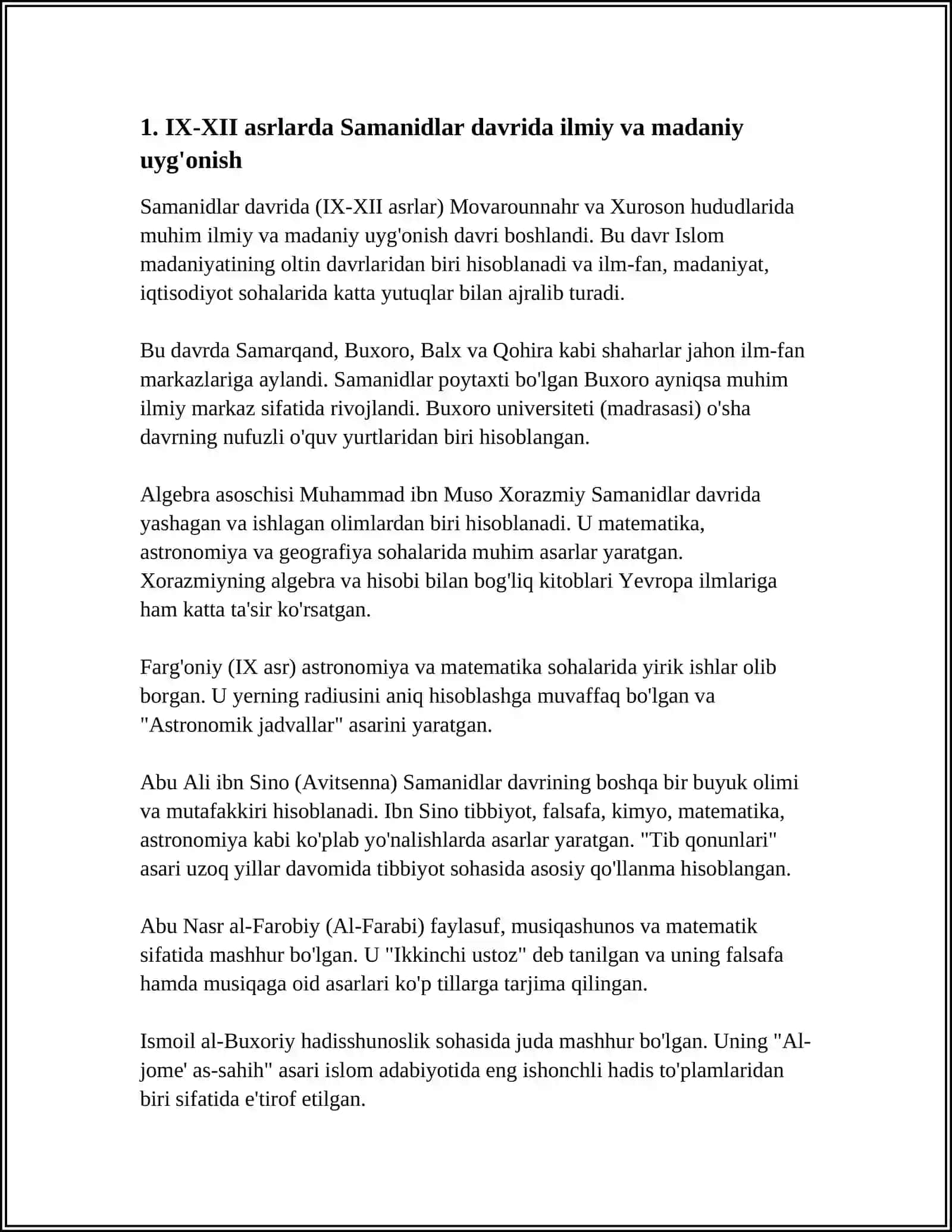 IX-XII ASRLARDA MAMLAKATIMIZ HUDUDIDA RO'Y BERGAN MADANIY UYG'ONISH.BUYUK ALLOMALARNING JAHON SIVILIZATSIYASIGA QO'SHGAN HISSASI 4