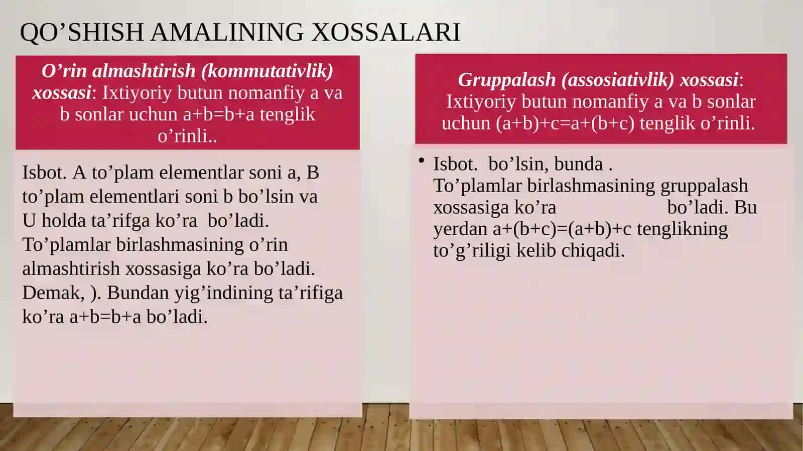 Nomanfiy butun sonlar ustida bajariladigan amallar xossalarini isbotlash 4