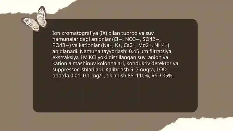 Tuproq va suvdagi ion bog'lanishli ifloslanuvchi moddalarni aniqlash, ularni miqdorlarini baholash va ekologik tozalash usulini taklif etish 4