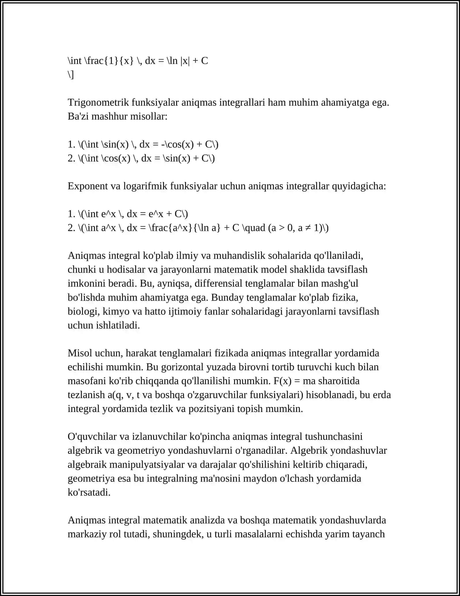 MUSTAQIL ISH Mavzu: ANIQMAS INTEGRAL VA INTEGRALLASH METODLARI 4