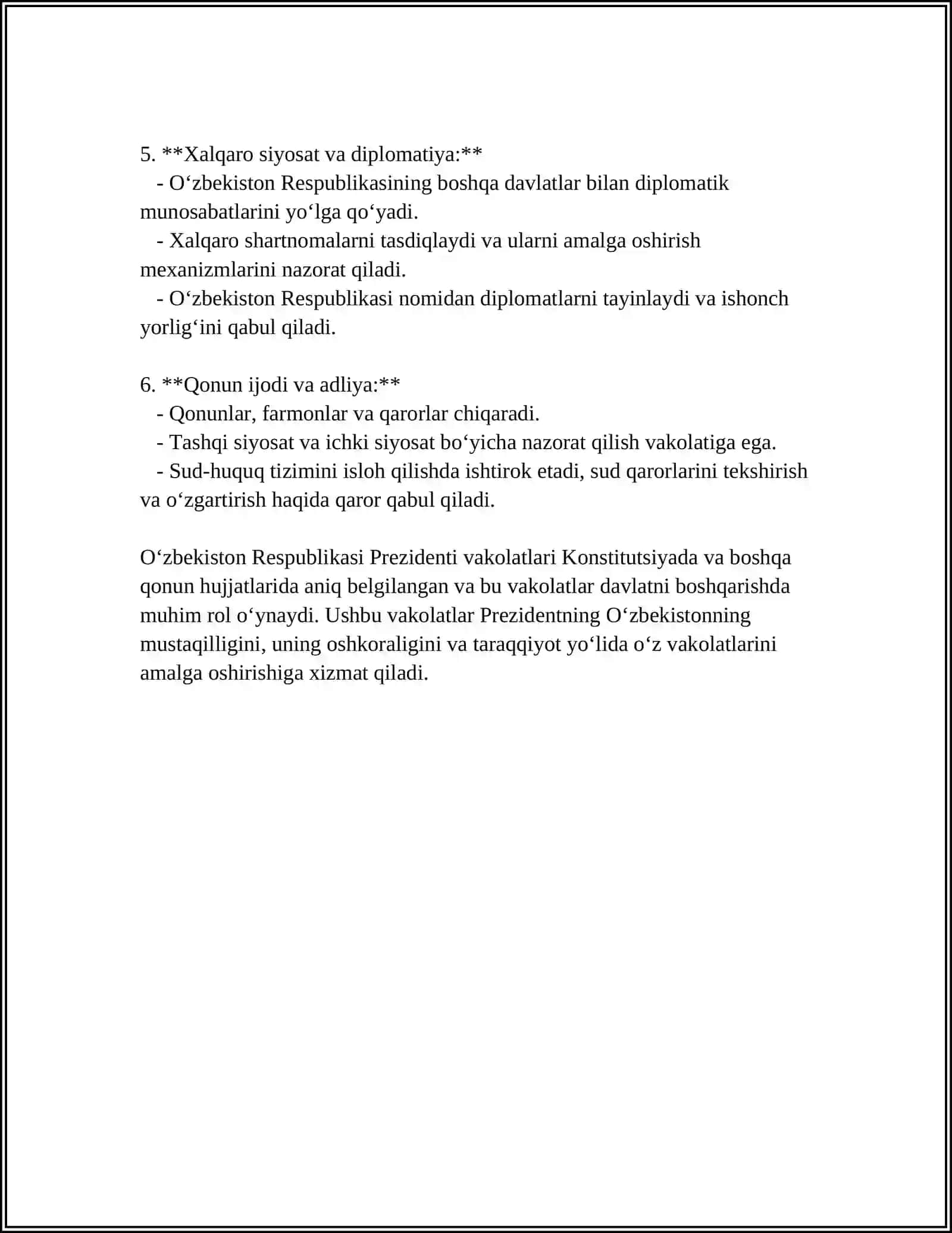 O'ZBEKISTON RESPUBLIKASI PREZIDENTI HUQUQIY HOLATI 4