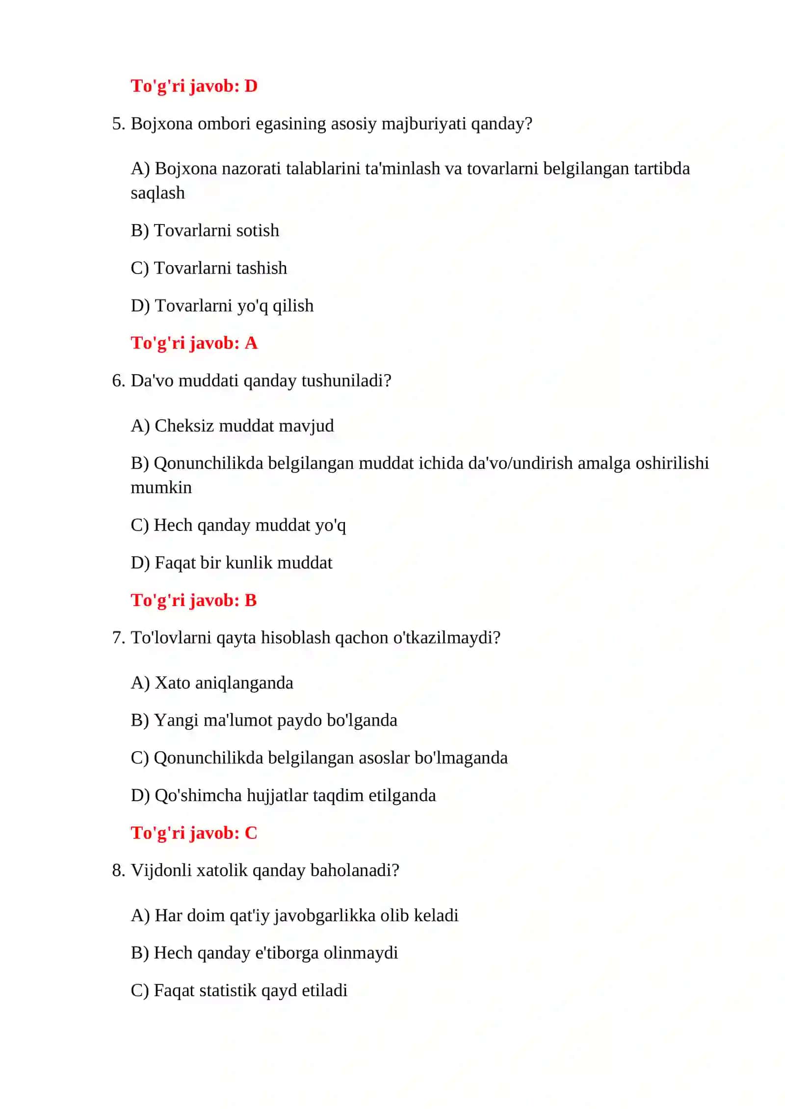 BOJXONA RASMIYLASHTIRISH HUJJATLARI TESTLARI 4