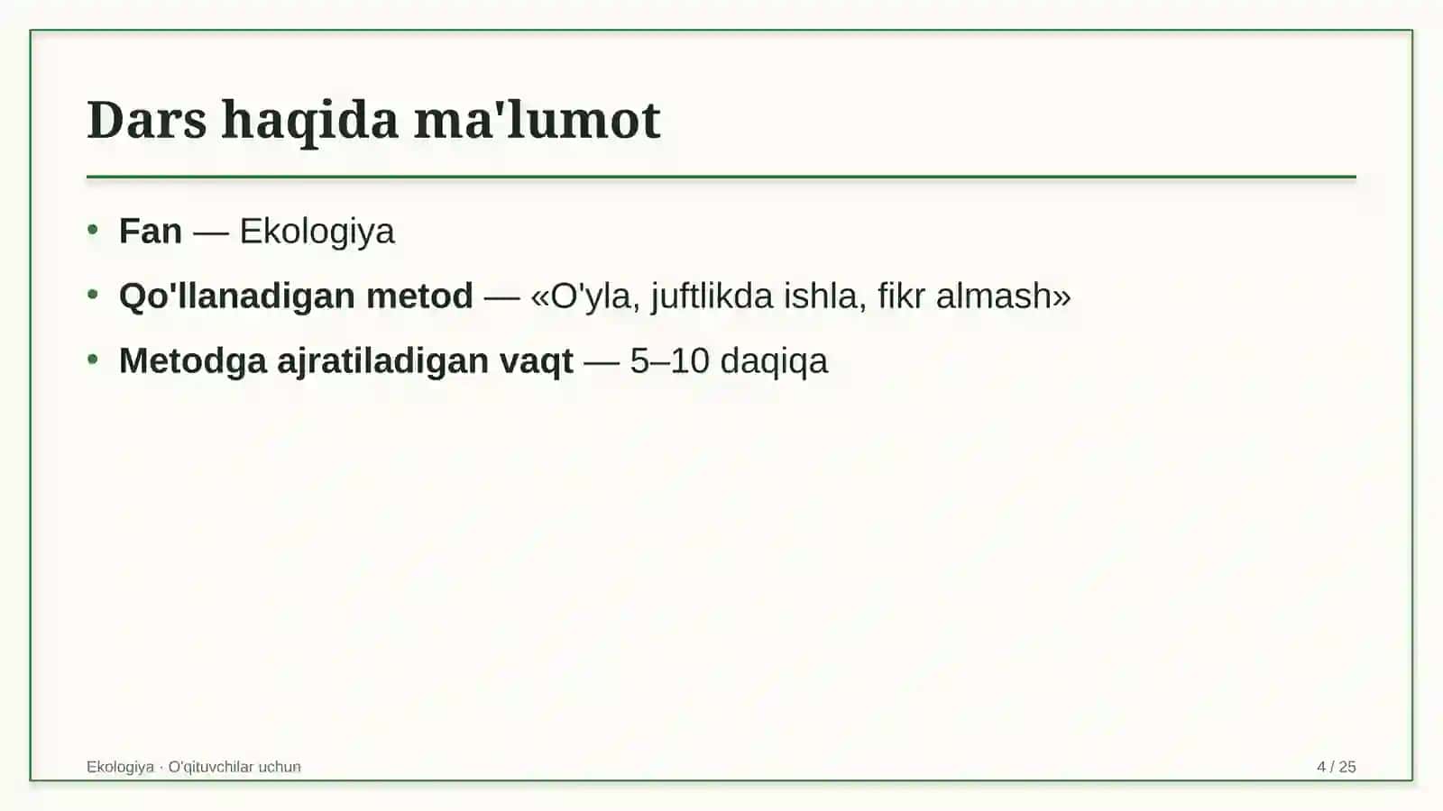 ekologiya darslarida o'yla juftlikda ishla fikr almash metodidan foydalanish 8680 4