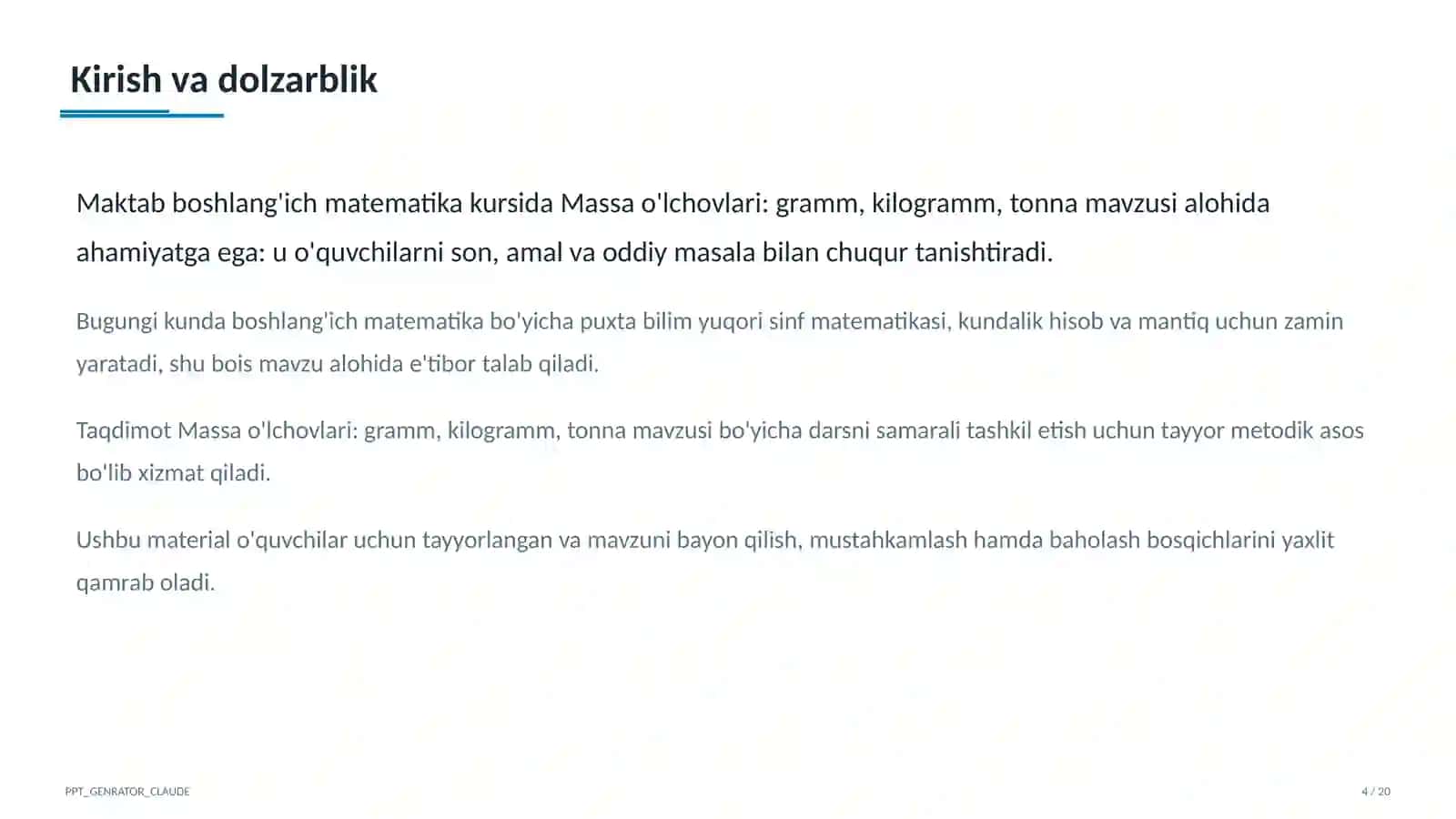 Massa o'lchovlari: gramm, kilogramm, tonna (4-sinf) 4