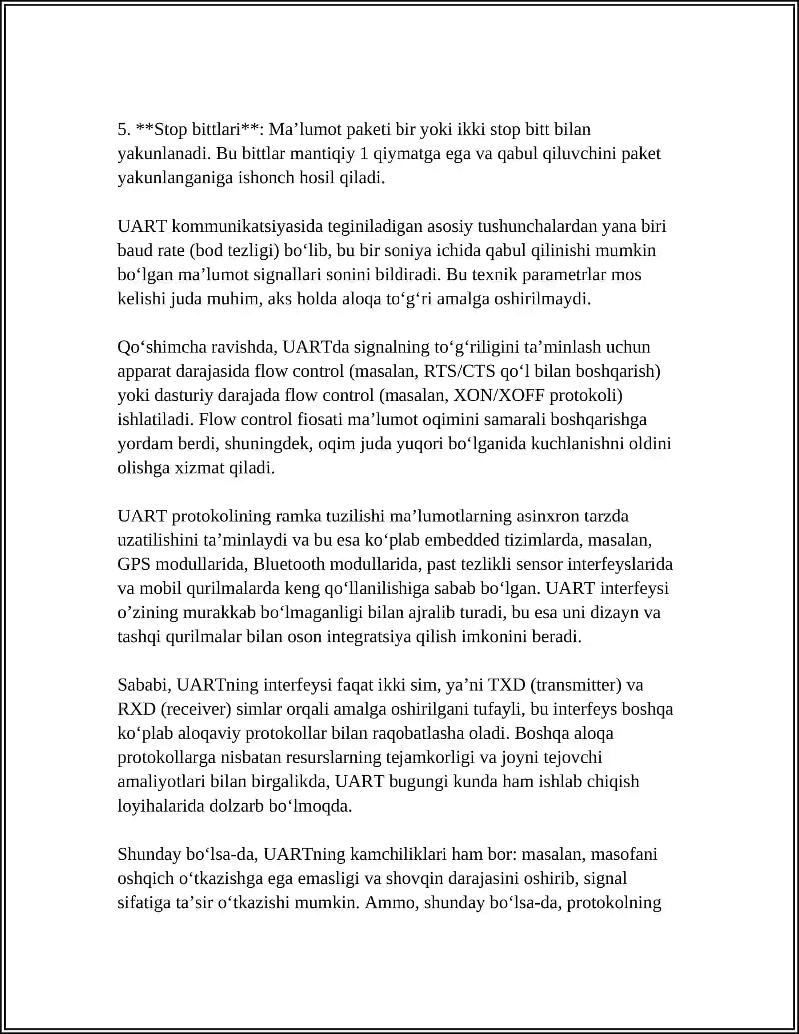 UART PROTOKOLINING ISHLASH MODELI VA EMBEDDED QURILMALARDA QO‘LLANILISHI 4