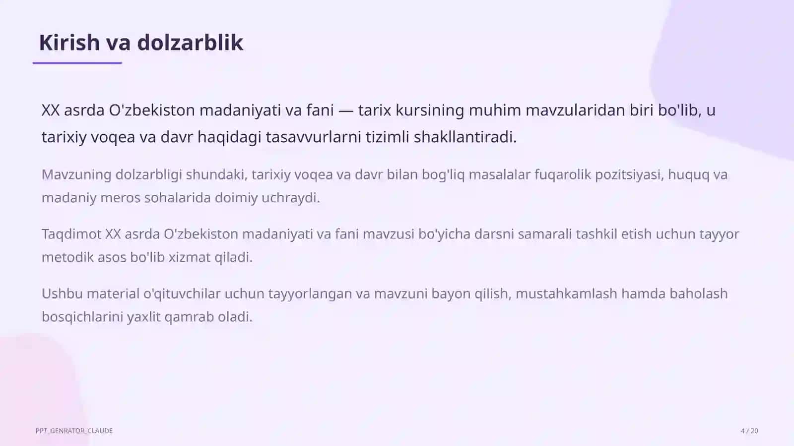 XX asrda O'zbekiston madaniyati va fani (10-sinf) 4