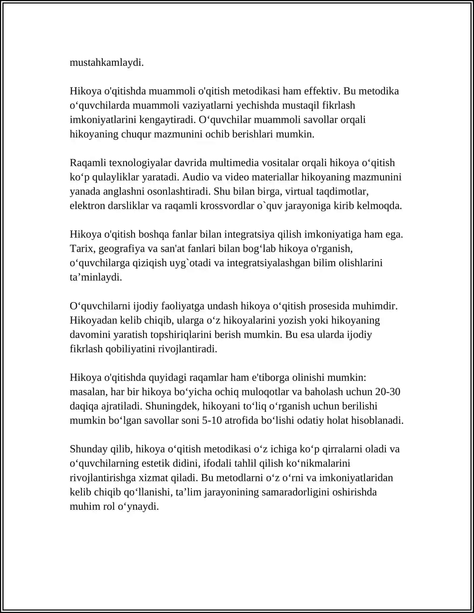 Hikoya, Ertak, Masal O'qitish Metodikasi 4