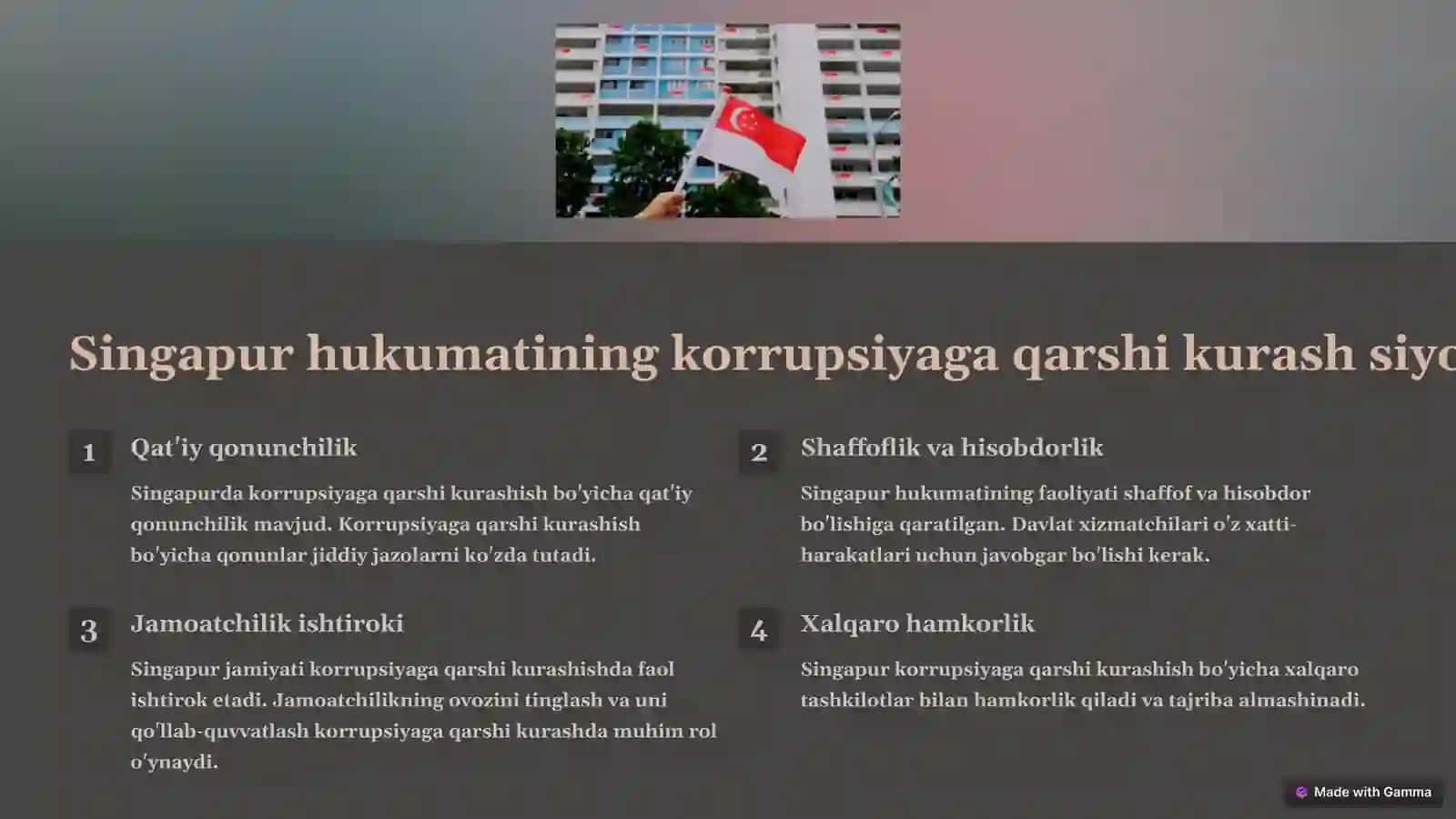Singapur iqtisodiyotining rivojlanish xususiyatlari va korrupsiyaga qarshi kurash 4