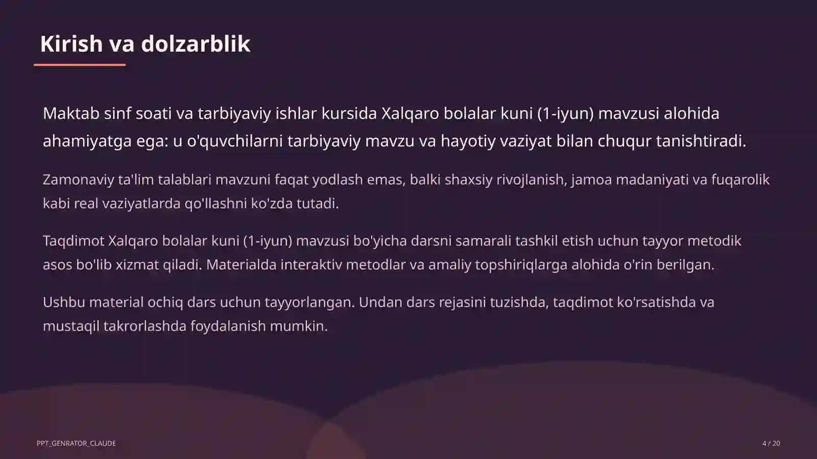 Sinf soati va tarbiyaviy tadbirlar (1–11) — ochiq dars uchun 4