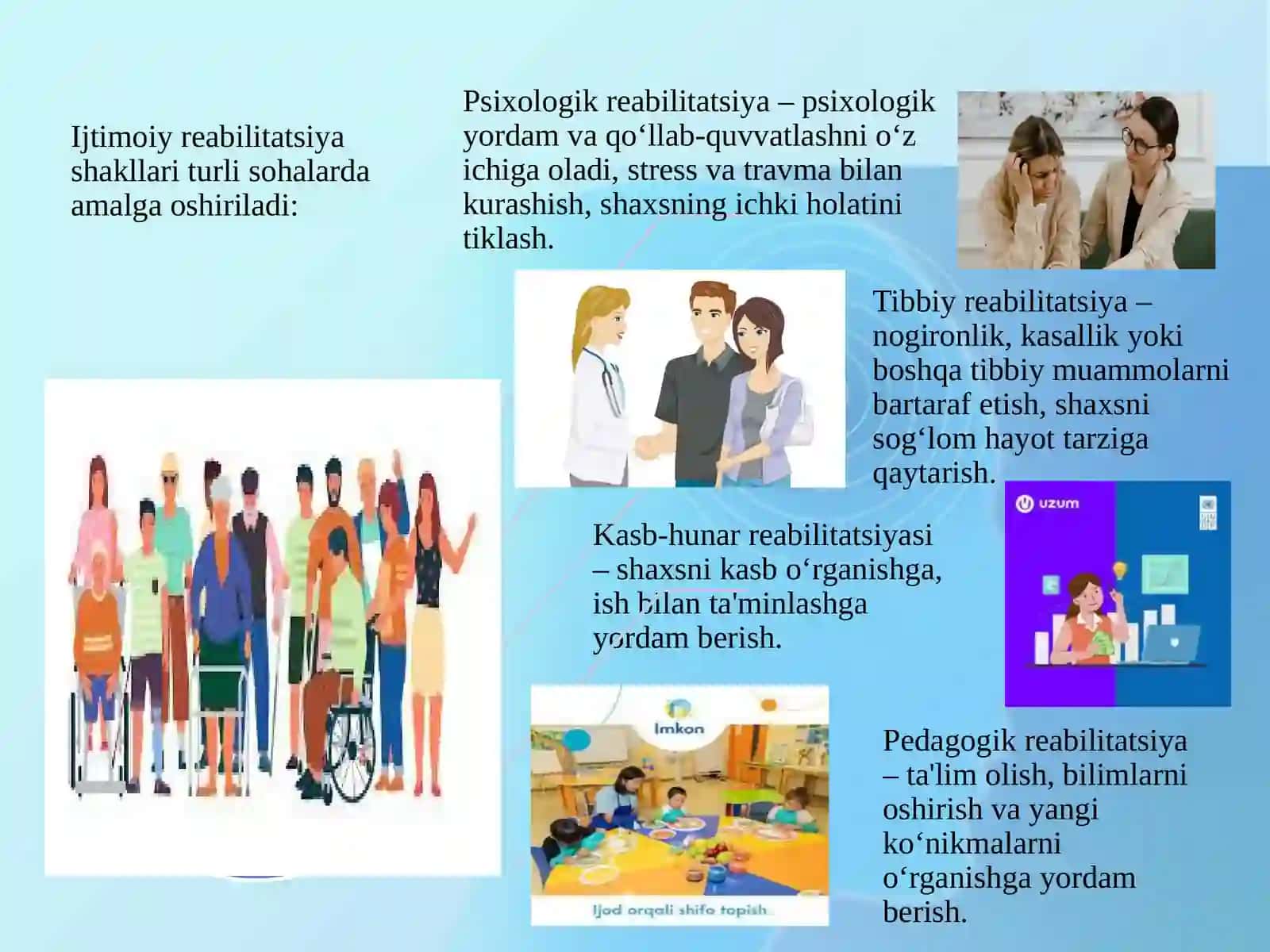 IJTIMOIY ISH AMALIYOTIDA QOʻLLANILADIGAN IJTIMOIY REABILITATSIYA SHAKLLARI VA USULLARI 4