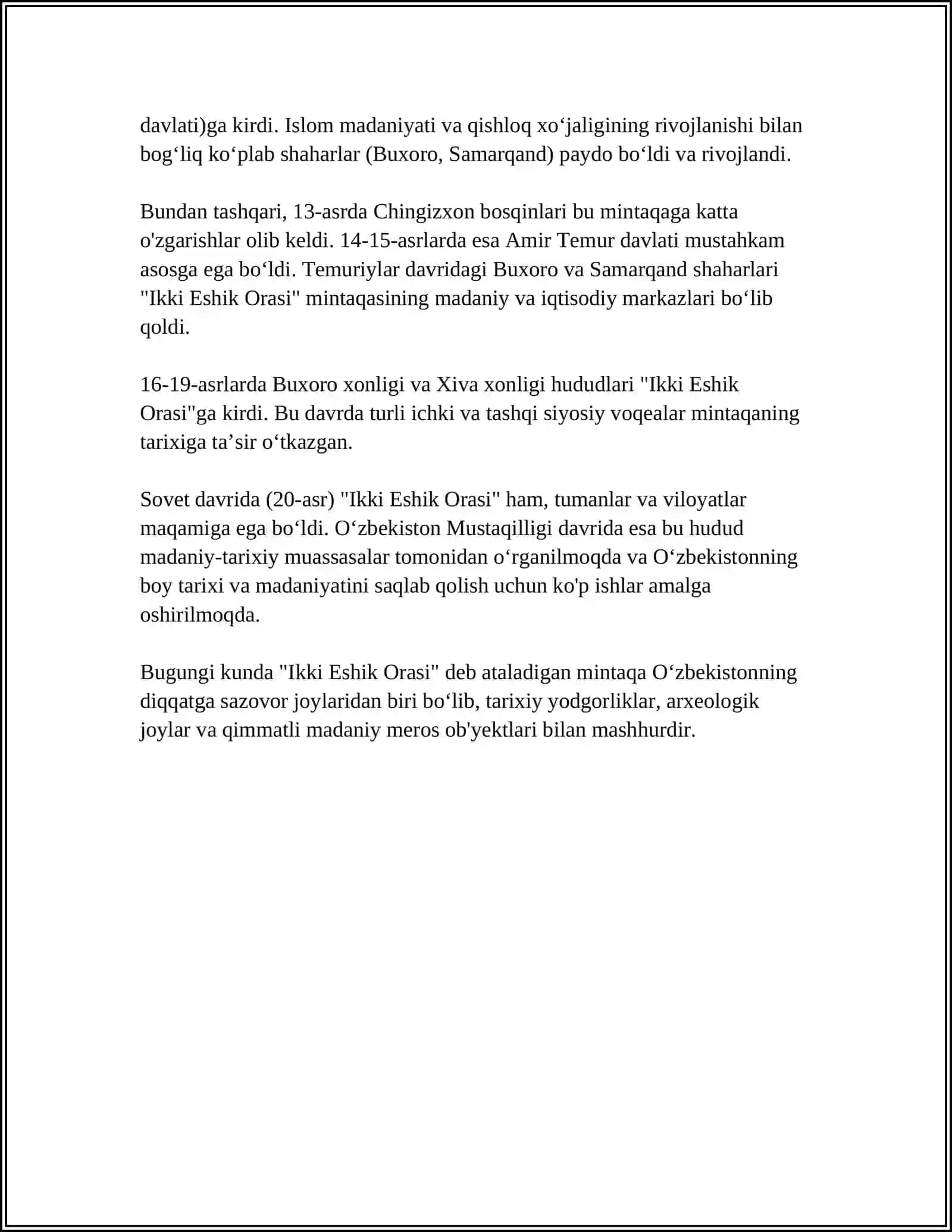 MUSTAQIL ISH Mavzu: IKKI ESHIK ORASI ASARI TAXLILI 4