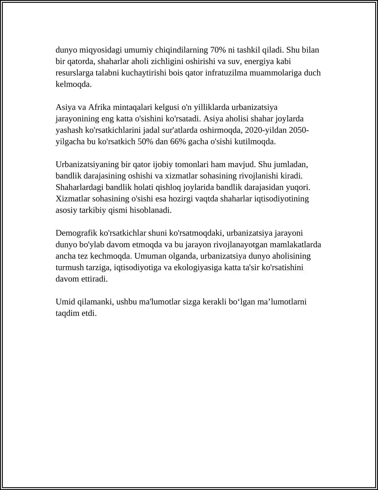 RIVOJLANGAN URBANIZATSIYA 4