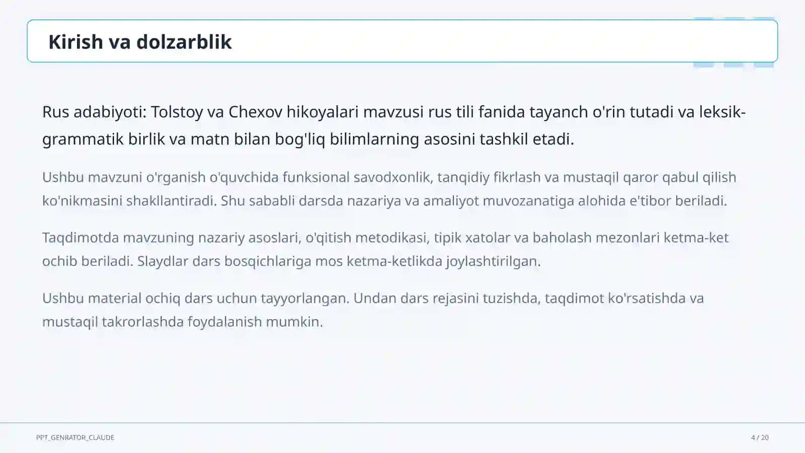 Rus adabiyoti: Tolstoy va Chexov hikoyalari (10-sinf) 4