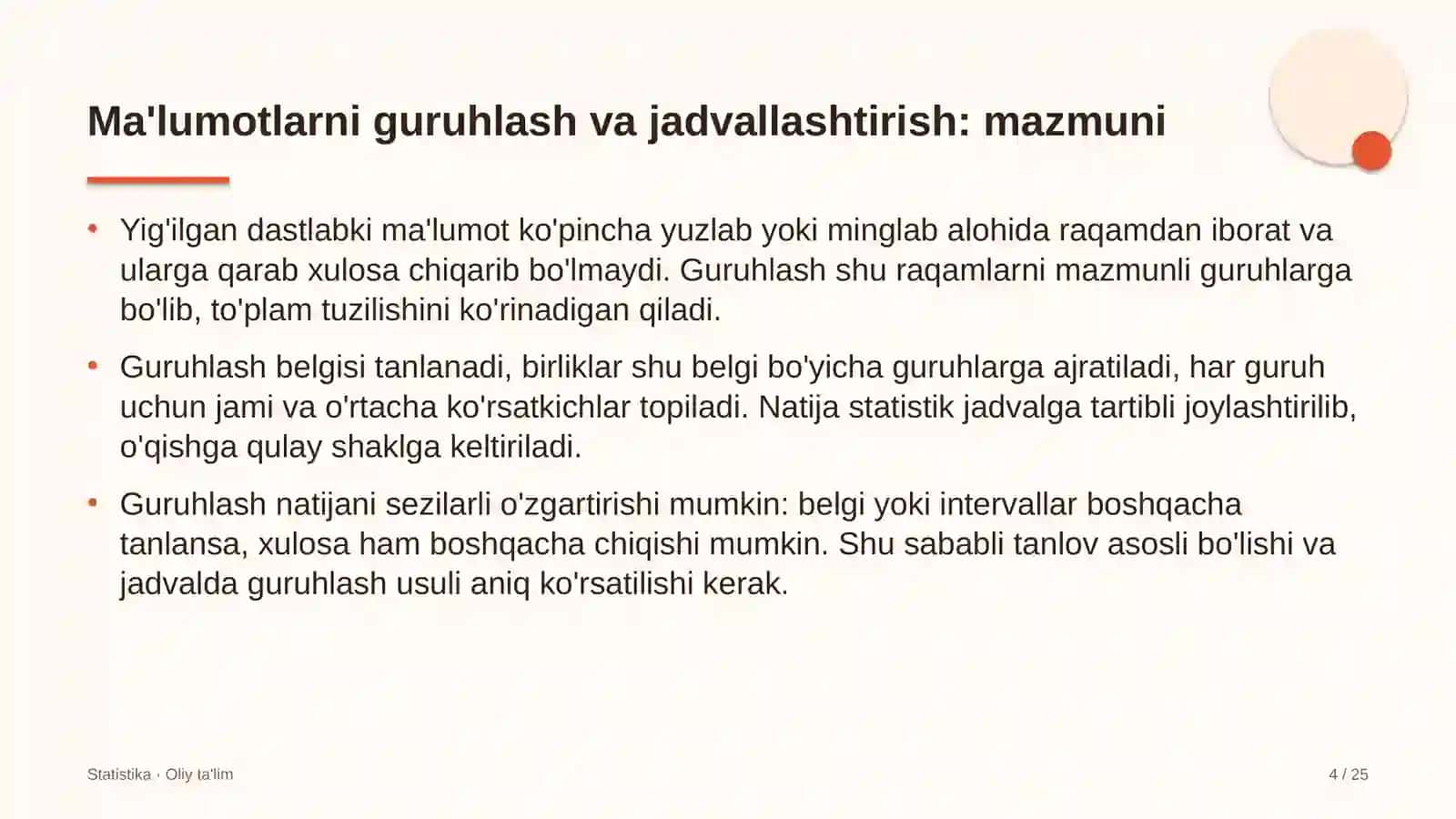 Dasturiy ta'minotni testlash sohasida ma'lumotlarni guruhlash va jadvallashtirish 4