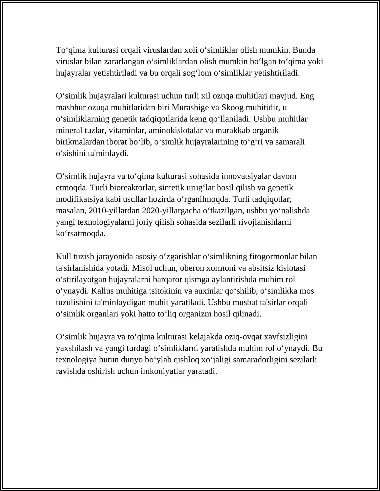 OʻSIMLIKLARNI IZOLYATSIYALANGAN HUJAYRA VA TOʻQIMALARI KULTURASI 4