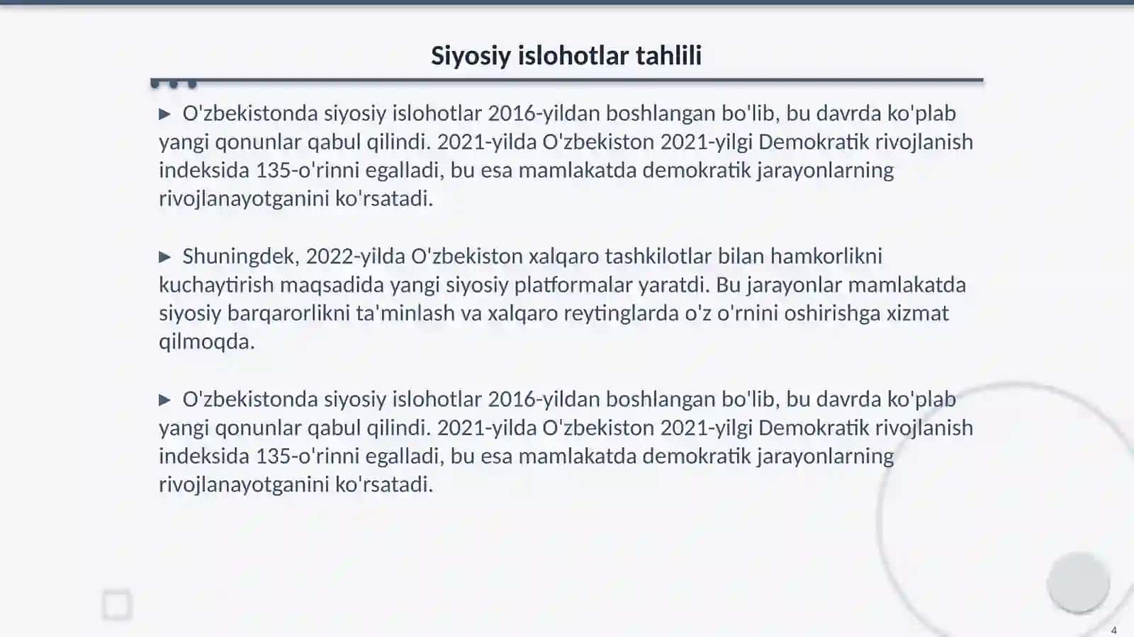 O'zbekiston Ijtimoiy Siyosiy va Iqtisodiy O'zgarishlar 4