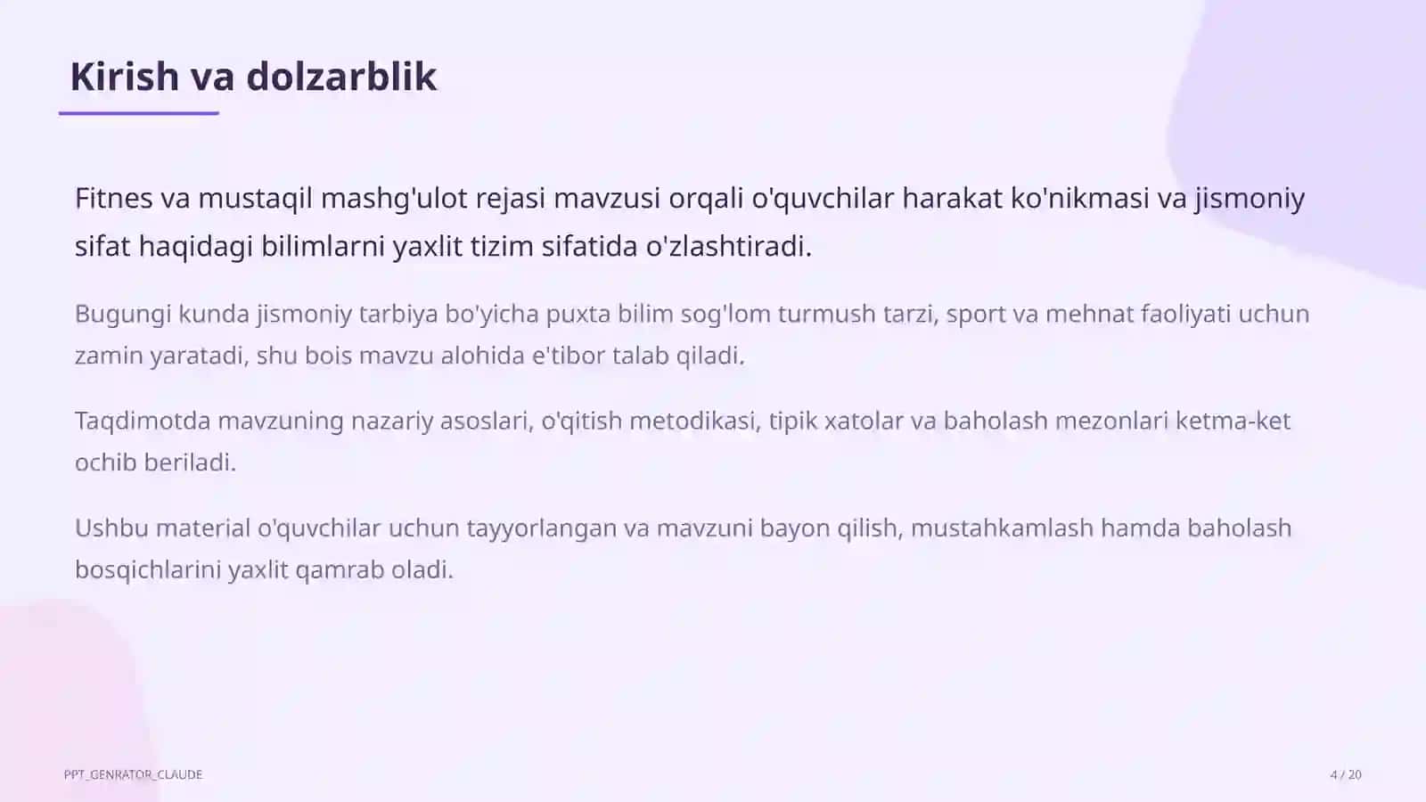 Fitnes va mustaqil mashg'ulot rejasi (11-sinf) 4