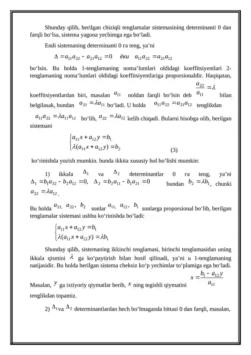 Chiziqli tenglamalar sistemasining turlari, yechimga ega bo’lishi va h.k. 4