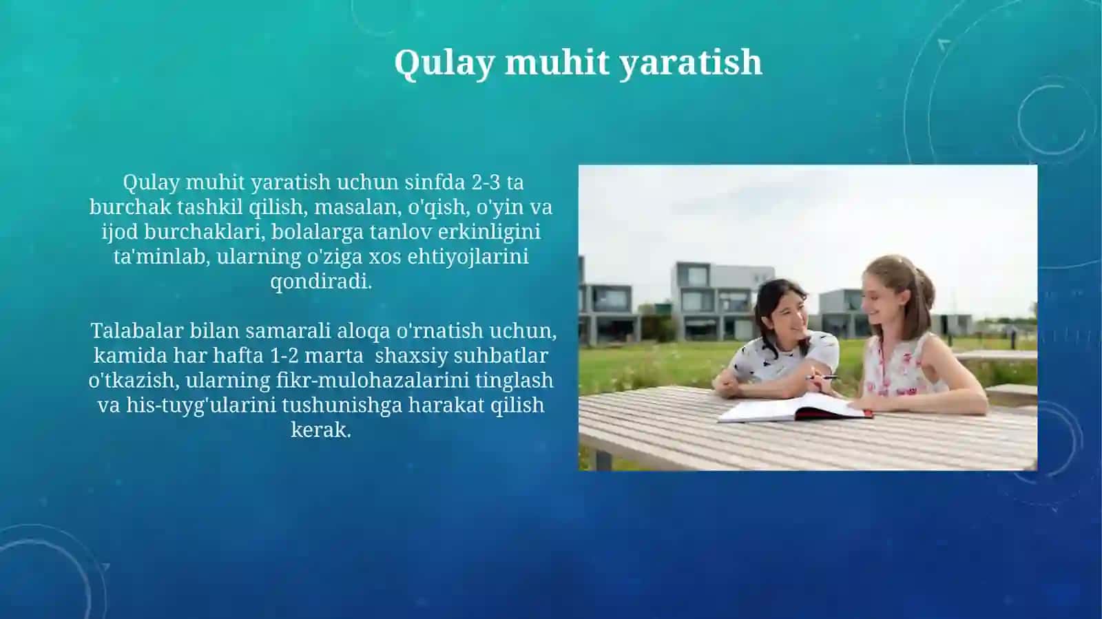 Boshlanğich sinf ôqituvchining õquvchilar bilan muloqoti qoidalari bilan tanishtirish 4