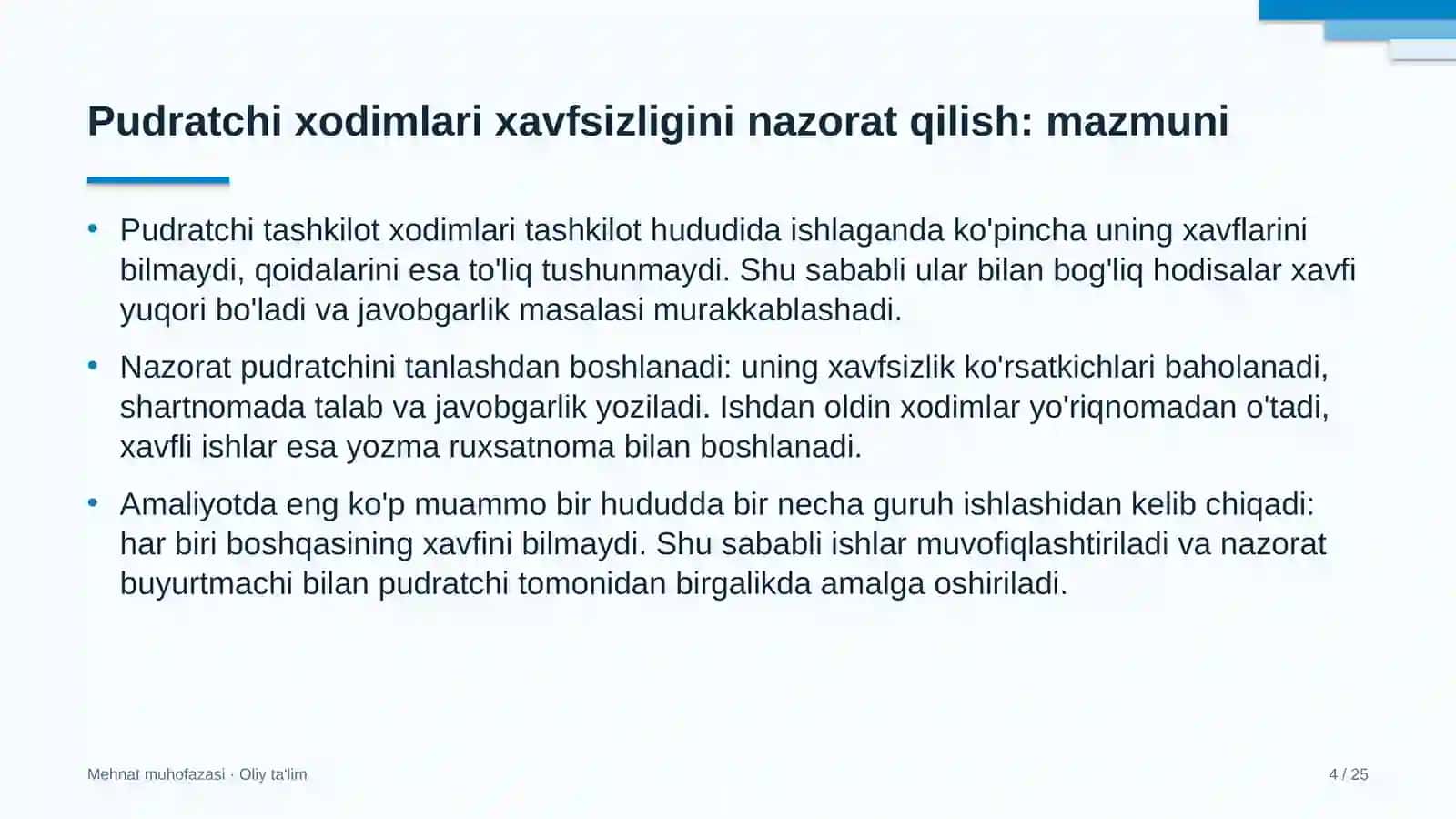 dilerlik tarmoqlarida pudratchi tashkilotlar xodimlari xavfsizligini nazorat qilish 9023 4