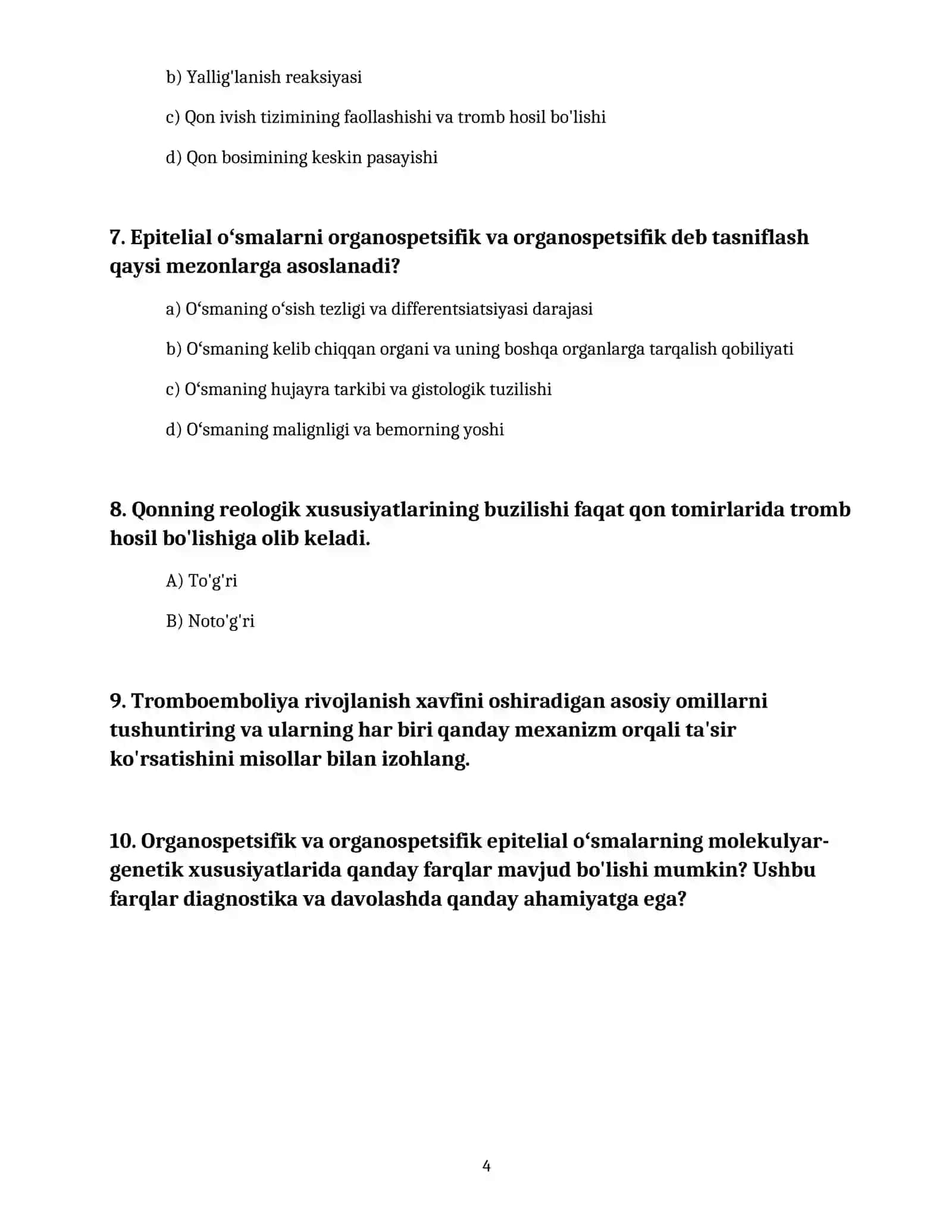 Qonning reologik xususiyatlarini buzilishlari tromboz emboliya organospetsifik va organospetsifik epitelial oʻsmalar 4