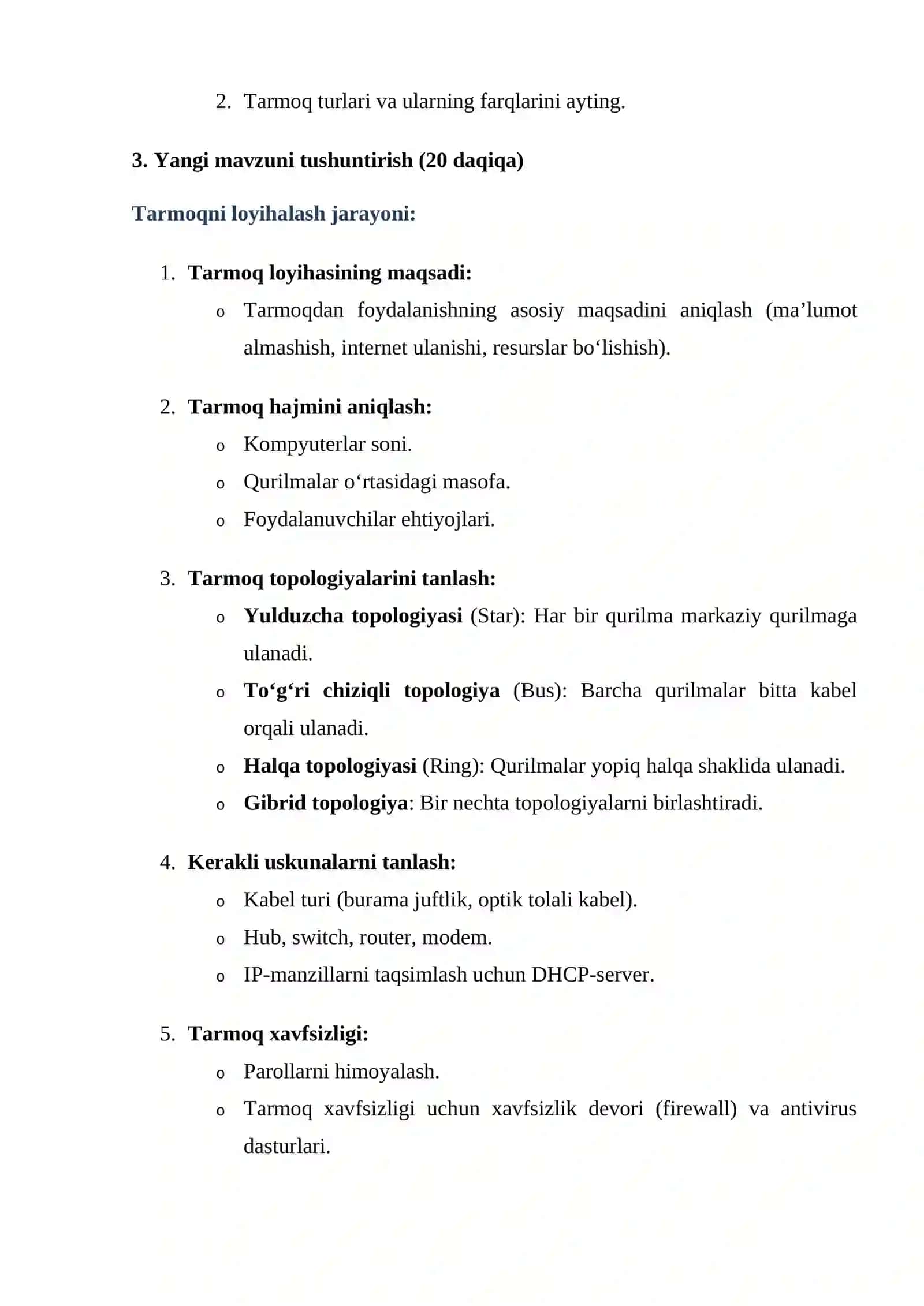 Tarmoqni loyihalash Dars ishlanmasi 4