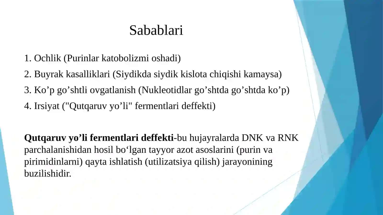 Giperurikemiya turlari: podagra, ksantinuriya, Lesha Nixan sindromi, orttirilgan giperurikemiyalar. Buyraklarda urat toshlarini hosil bo 'lishi va davolash yo 'llari. Orotasiduriya, uning sabablari va uridin bilan davolash mexanizmi. 4