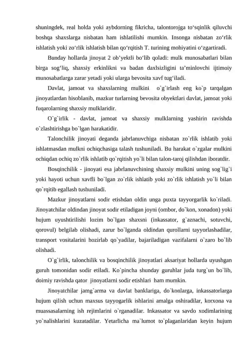 TALONCHILIK JINOYATI TUSHUNCHASI, JINOYAT TARKIBI,JAVOBGARLIKNI OG‘IRLASHTIRUVCHI TURLARI 4