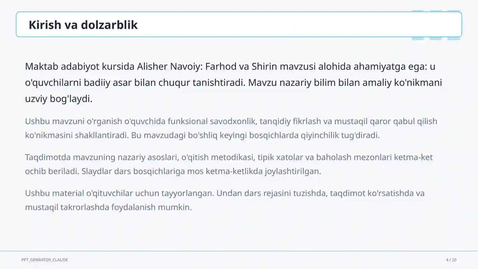 Alisher Navoiy: Farhod va Shirin (8-sinf) 4