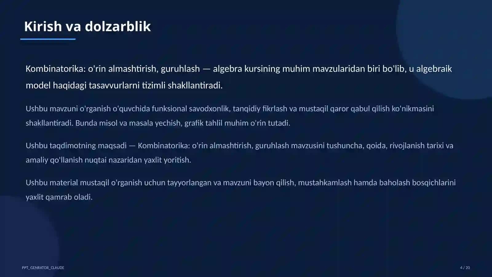 Kombinatorika: o'rin almashtirish, guruhlash (9-sinf) 4