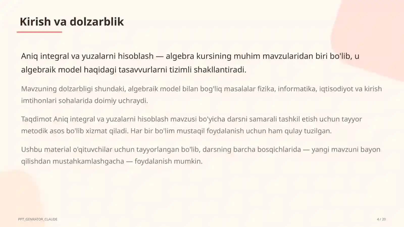 Aniq integral va yuzalarni hisoblash (11-sinf) 4