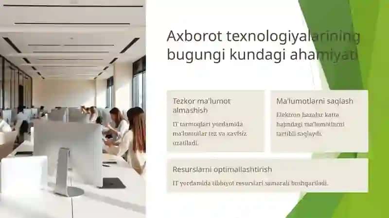 Zamonaviy axborot texnologiyalaridan bugungi kunda foydalanish darajasi, ularni tibbiyotning turli soxalarida ma'lumotlar to'plash 4