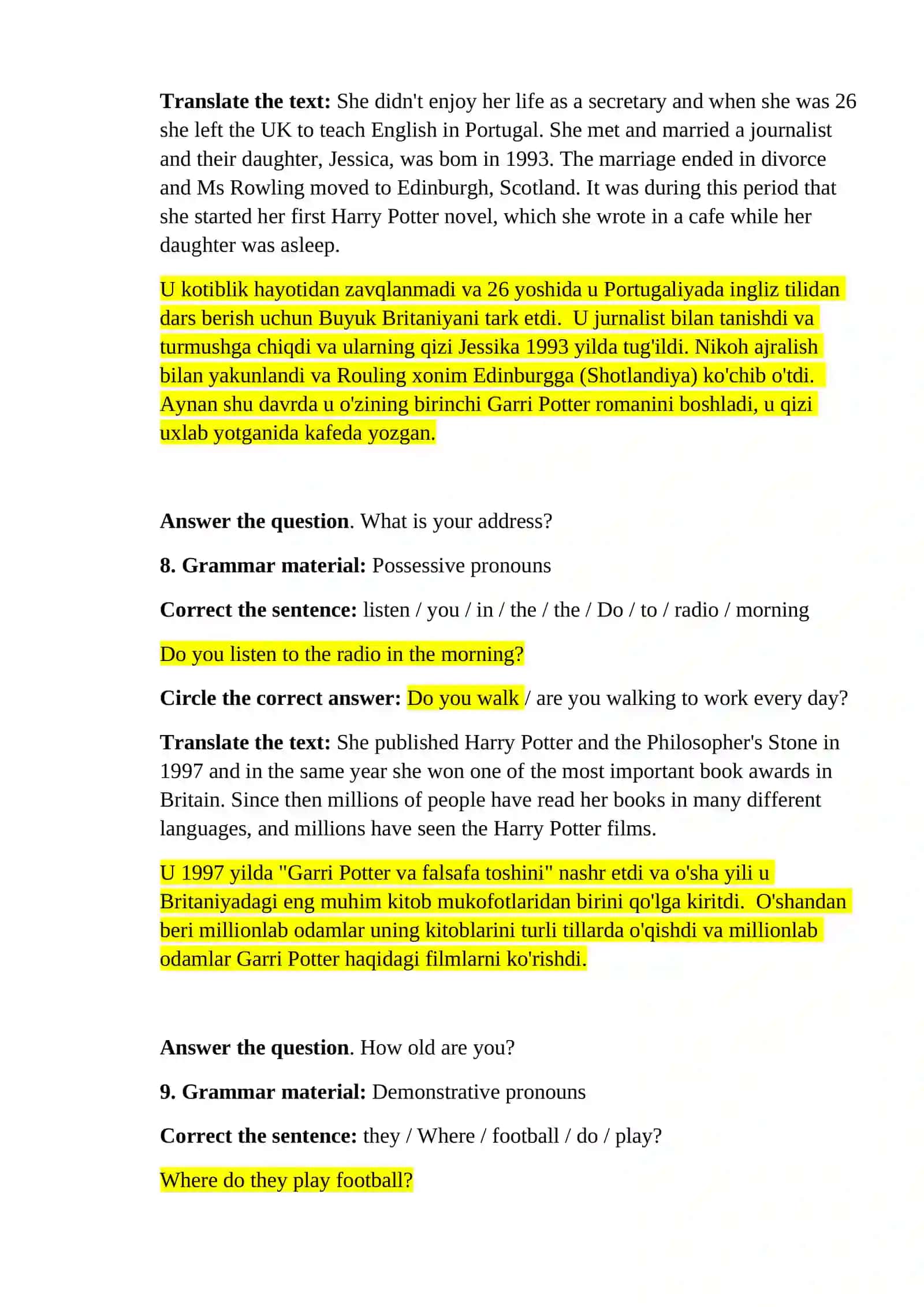 Final exam questions of 1st year students in English for 3rd semester 4